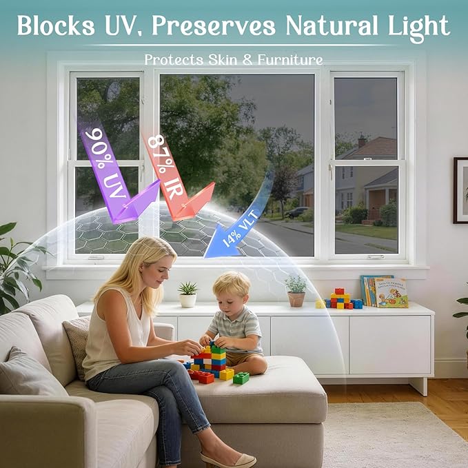 Haton Window Privacy Film One Way Window Tint for Home, Sun UV Blocking Heat Control Reflective Mirror Film, No Glue Static Cling See Out Not in Glass Door Covering, Black Silver, 29.5" x 157.4"
