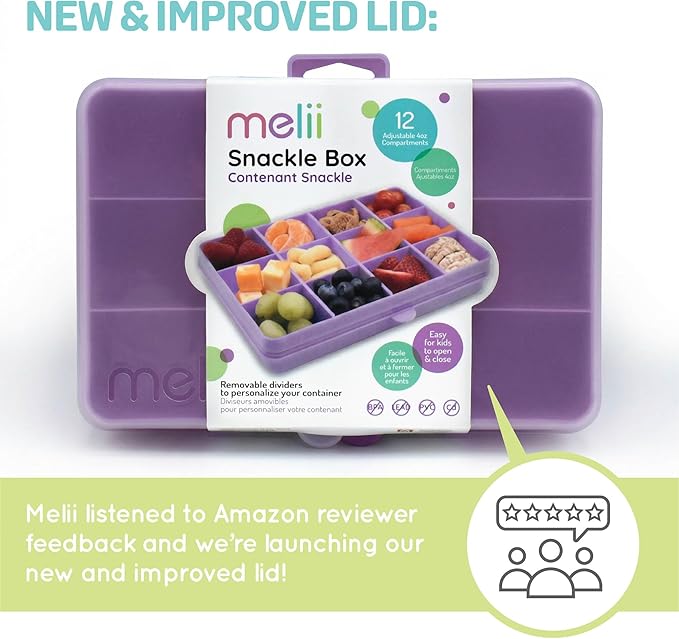 melii Snackle Box | 12-Compartment Divided Snack Container, BPA-Free Food Storage, Removable Dividers, Perfect for Kids Snacks, Arts & Crafts, Beads, and Kitchen Organization (Purple)