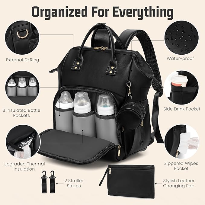 ROSEGIN Premium Vegan Leather Diaper Bag Backpack with Waterproof Changing Pad – Reinforced Stitching & Zippers, Baby Bag for Boy Girl, Stroller Straps, Ergonomic Design for Traveling Moms, Black