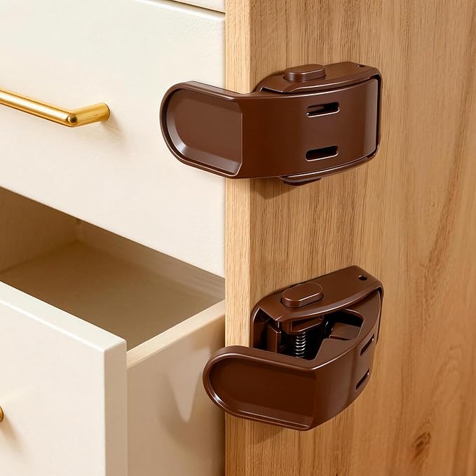 Rcotee 6-Pack Baby Proof Corners Edges Drawer Lock, Childproof Safety Locks Toddler Proofing Cabinet Latch Clips for Pull Out Drawers Side, Easy Install and No Need for Drilling (Brown)