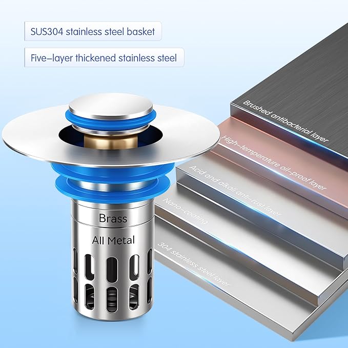 Bathroom Sink Stopper, Pop Up Drain for Bathroom Sink, Sink Plug Hair Catcher, Silent Popper Core with Removable Stainless Steel Filter Basket (Silver Polished, 2 Pack)