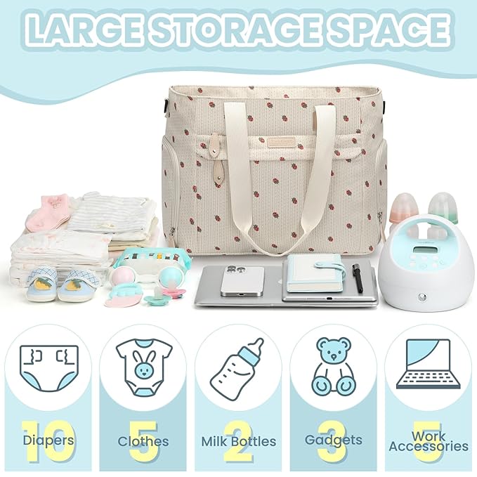 Pritent Large Travel Diaper Bag Tote with 14 Inch Laptop Sleeve, Breast Pump Bag for Mom and Dad, Mommy Maternity Travel Baby Bag for Boys and Girls, Strawberry