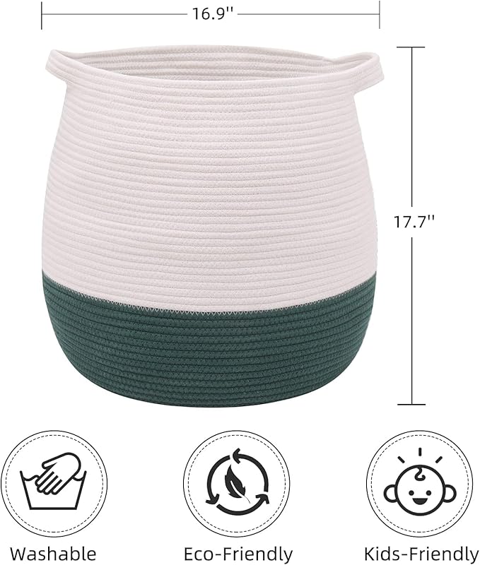 Large Cotton Rope Basket, Woven Storage Basket for Toy, Laundry and Blanket Organizer, Round Hamper Basket with Handles for Kid's Room 17.7"x16.9"