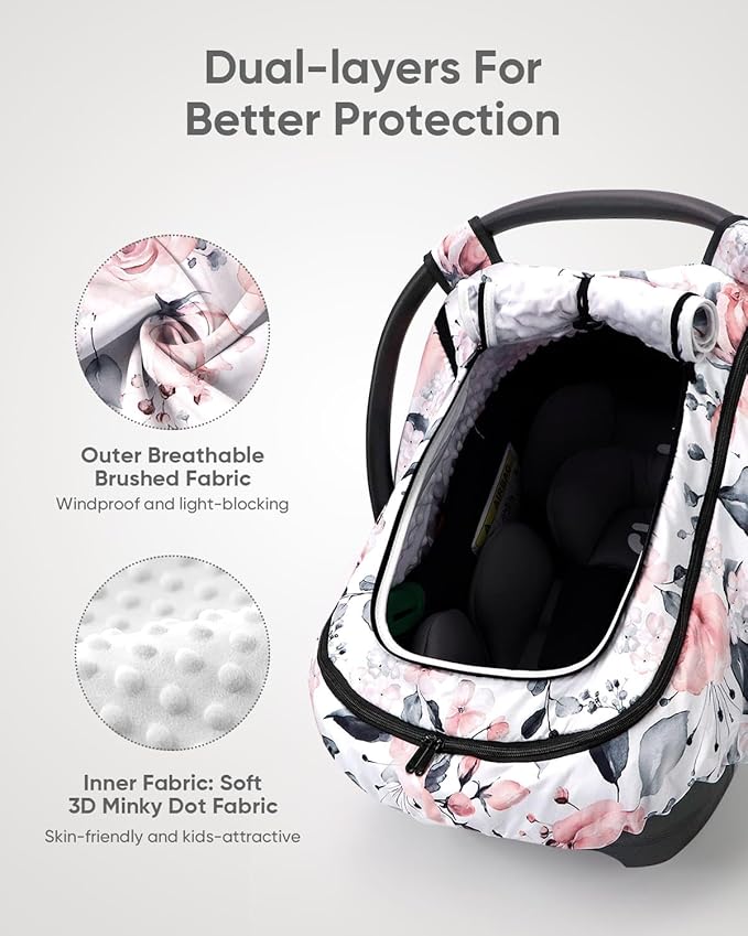 Car Seat Cover Baby Girls, Infant Car Seat Canopy Outdoor, 2 Layers with Mesh and Sun Shade Window for Summer Winter, Easy Access Carseat Covers Snug Fit Baby Stroller - Pink Floral