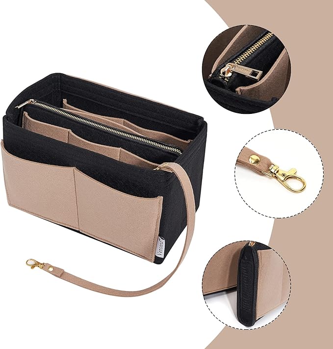 Vercord Felt Organizer Insert For Purse Handbag Tote Bag In Bag Inside Shaper Divider Neo Black & Beige Small