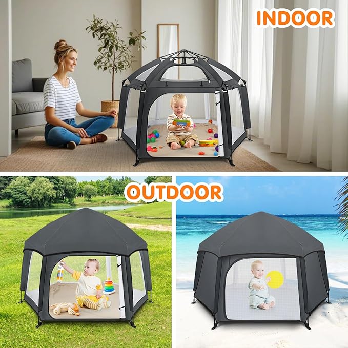 Zooawa Pop Up Playpen for Baby, Portable Playpen for Babies and Toddlers with Removable Sun-Shades& 2 Side UV Covers, Lightweight Outdoor Baby Play-Pen for Beach Home with Travel Bag, Black