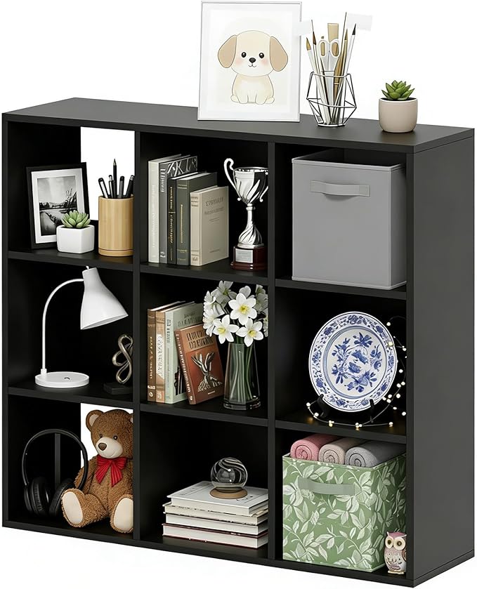9-Cube Storage Organizer, Black Bookshelf with Open Compartments for Home Office, Modern Bookcase Display Shelf for Living Room, Bedroom & Entryway