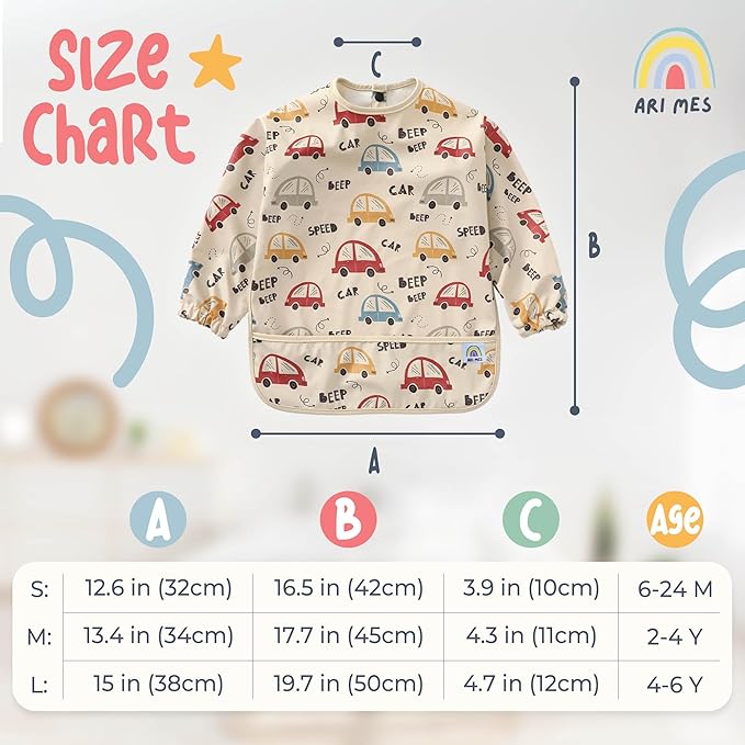 ARI MES Long Sleeves Waterproof Baby Bibs for Eating - Pink Stripes, Large- Wearable, Coverall for Toddler, Long Sleeve Bib, Smock Apron for Feeding - Applicable for 6-72 Months
