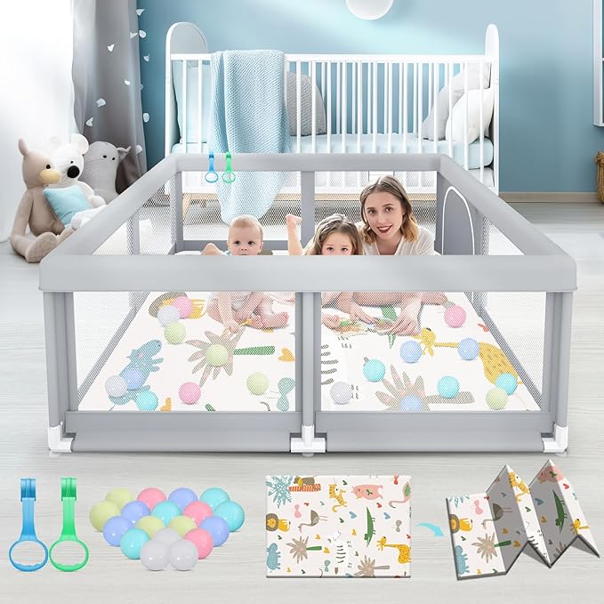 Fshibila 50" ×50" Baby Playpen with Mat, Baby Playard for Babies and Toddlers, Play Pens for Indoor & Outdoor, Sturdy Safety Play Yard with Soft Breathable Mesh, Anti-Fall, Ball x 18, Handle x 2, Grey