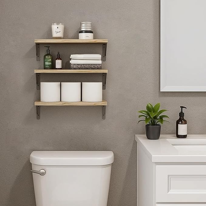 Fixwal Floating Shelves for Wall, Wood Wall Mounted Shelves for Bedroom, Bathroom, Living Room, Kitchen Storage and Decor(Rustic Brown, Set of 3, 16.5 Inch)