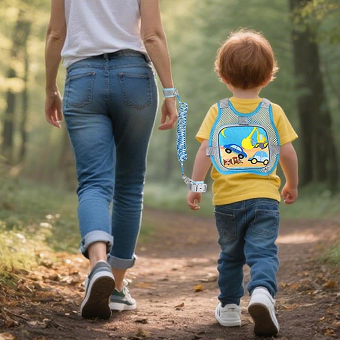 Accmor Toddler Harness Leash + Anti Lost Wrist Link, Cute Car Kids Harness with Leash for Baby, Breathable Child Walking Belt Collapsible Pocket Strap Tether Hold Boys Girls Close for Outdoor Travel