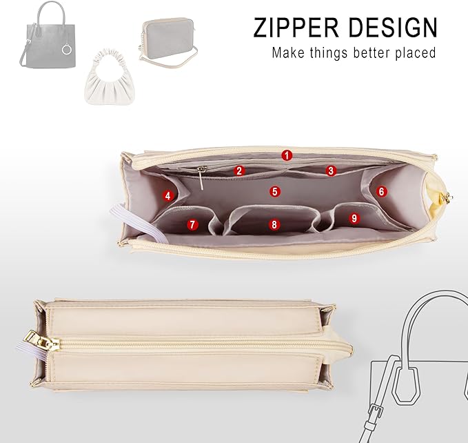 Vercord Purse Organizer Insert with Zipper for Women Hobo Handbags Shaper Insert 12 Pockets Bag Beige Large