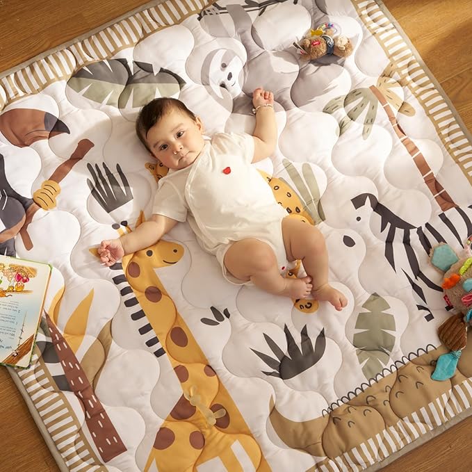 Momcozy Baby Play Mat for Floor, 50x50 Thickened Playpen Mat, Playmate for Baby Tummy Time, Waterproof & Non-Slip, Foldable Outdoor Mat with Carrying Handle, Giraffe