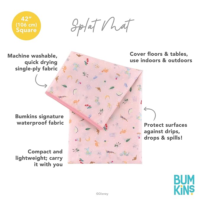 Bumkins Disney Baby Splat Mat for Under High Chair, Babies Toddlers Eating Mess Mat, Waterproof Reusable Cloth for Arts and Crafts, Playtime Mat for Kids, Floor or Table 42inx42in, Princess Magic Pink