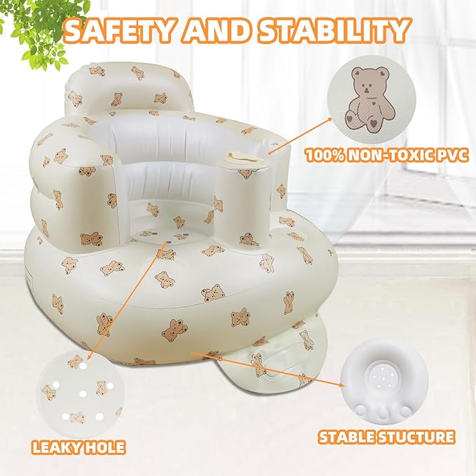 AGITVPS Inflatable Baby Seat for Babies 3-36 Months, Built in Air Pump Baby Chair Sit Me up Floor Seat for Baby, Bumbo Seat for Learning to Sit, Feeding, Camping (Pillar-Bear Cub)