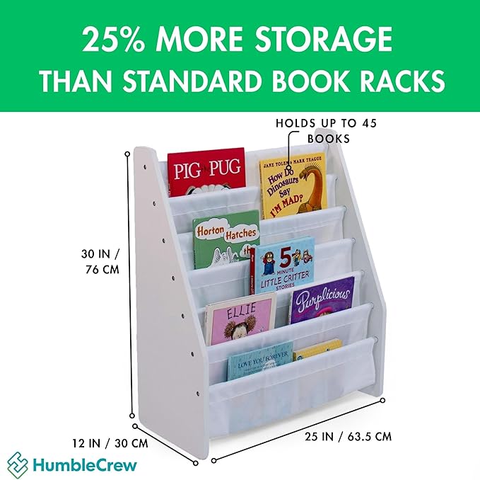 Humble Crew Kids Bookshelf 6-Tier Book Rack Organizer, Extra Large Bookcase with Fabric Storage Pockets, White/White