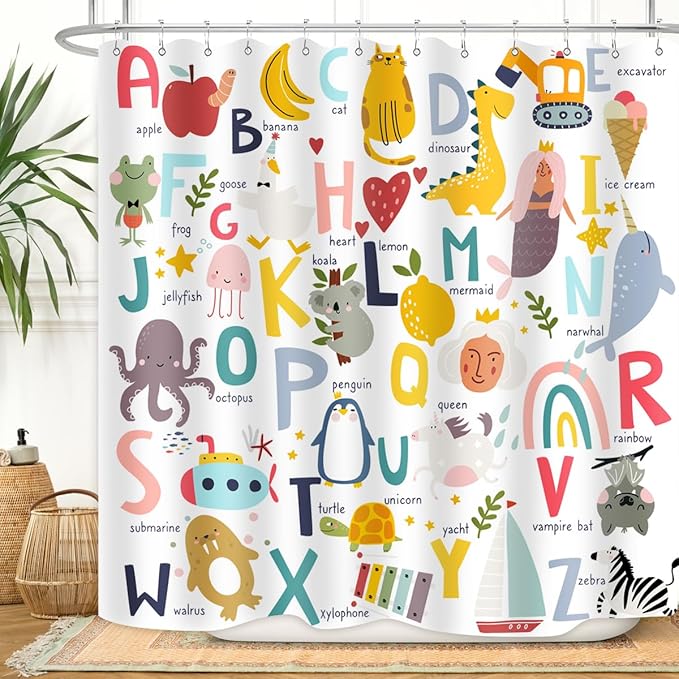Kids ABC Shower Curtain Alphabet Educational Learning Tool Toddler Baby Cartoon Animals Girls Boys Colorful Bath Curtain Decor Waterproof Fabric 72Lx72W Inch with Hooks