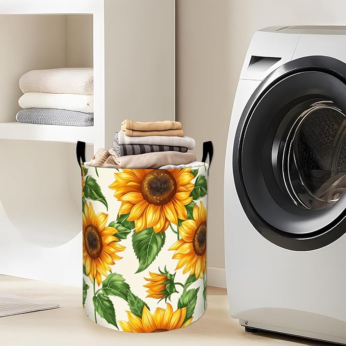 Bright Sunflowers Green Leaves Laundry Basket with Handles, 19.7"x15.7" Clothes Foldable Laundry Hamper Organizer for Dorm Nursery Bedroom Bathroom Decor, Toy Storage Bin for Kids