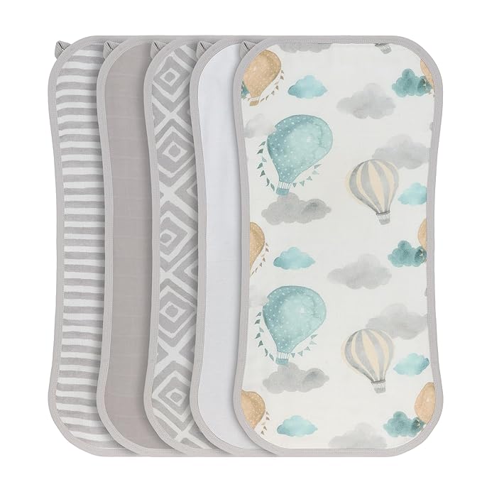 Featherhead 5 Pack Muslin Baby Burp Cloths for Boys & Girls, 22" X 11", Premium Cotton Muslin and Terry Spit up Rags, Super Soft and Absorbent (Green Hot Air Balloons)