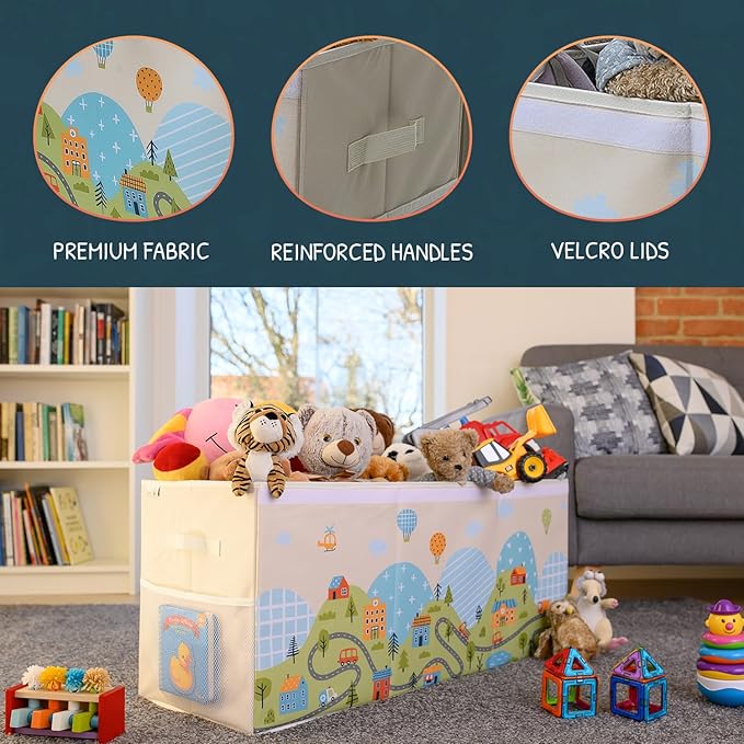 SoftOwl Extra Large Toy Storage Organizer with Lid - Sturdy, Collapsible Toy Chest Storage Box with Cute Design - Toys Bin with Dividers for Kids, Boys, Girls, Nursery, Bedroom, Play room 37"x16"x14"
