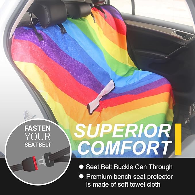 LoyaGour Back Seat Cover for Car Trucks Van SUV,Waterproof Rear Bench Towel Seat Covers for Dogs and Kids,Automotive Backseat Protector (Rainbow)