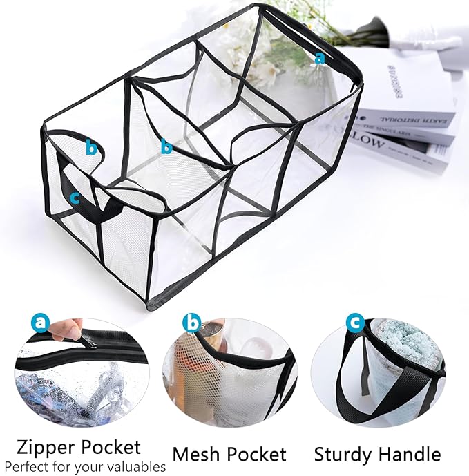 AMOIGEE Clear Beach Bag Organizer Insert with 3pcs Accessories for XL Bogg Bag Inserts - Tote Bag Divider with Sunglasses Holder, Phone Holder and Clips Hooks - Beach Tote Insert Organizer Liner