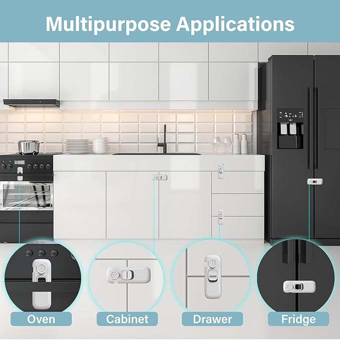 Heart of Tafiti 5 Pack Fridge Lock, Child Proof Refrigerator Lock, French Fridge Door Latches, Baby Safety Locks for Cabinet, Cupboard, Drawers, Oven, Closet, Strong Adhesive-Easy to Install, White