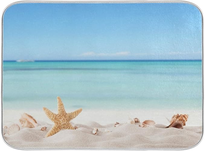 Summer Starfish Sandy Dish Drying Mat Seaside Coast Dry Pad Bottle Dryer Rack Kitchen Decor absorbent Easy Clean Drainer Mats for Kitchen Counter Sinks 18"x24"