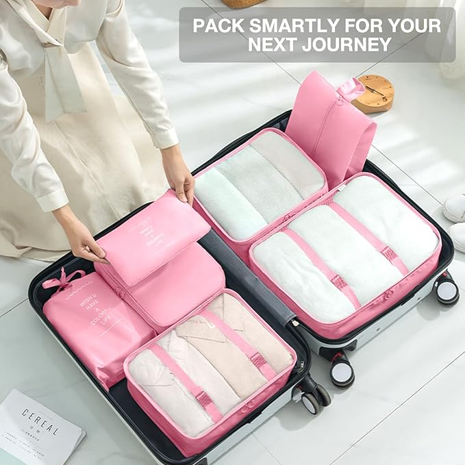 8 Set Packing Cubes for Suitcases,Packing Cube with Shoe, Cosmetics, Clothing, and Accessories Bags Packing Cubes for Travel Luggage Organizer Women Men (Pink)