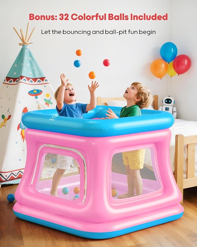QPAU 3-in-1 Inflatable Bounce House for Toddlers 1-3, Ball Pit & Trampoline, Inflatable Bouncy House with Safety Net, Indoor & Outdoor Bubble Bouncer Baby Play Yard（Blue & Pink）