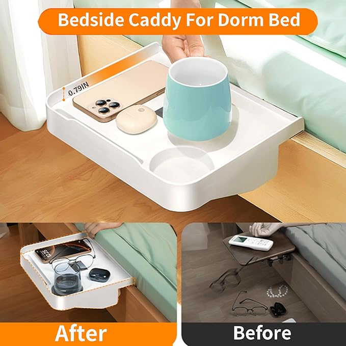 Blissfuhue Bedside Caddy for Dorm Bed - Clip On Nightstand with Cup Holder, Floating Bed Side Table Tray Storage,College Dorm Room and Kids Room Essentials,Blending Decor and Storage （White）