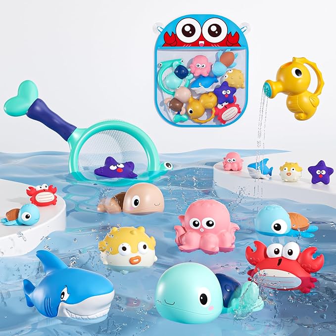 XAWACAH Bath Toy for Toddlers 18 Months, No-Hole Bathtub Toys with Baby Bath Animals, Wind-Up Turtles, Fishing Net & Storage Bag, Floating Toys for Toddlers 1-3 Year Old Boys Girls (11 Pack)