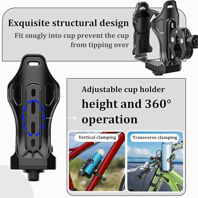 LOKTENWO Anti-Theft Motorcycle Cup Holder, Extra Large Adjustable Size Bike Water Bottle Holder for 1.95-3.6" Diameter Bottles, Bicycle Drink Cage for Handlebar & Frame Fit Scooter, Stroller, ATV