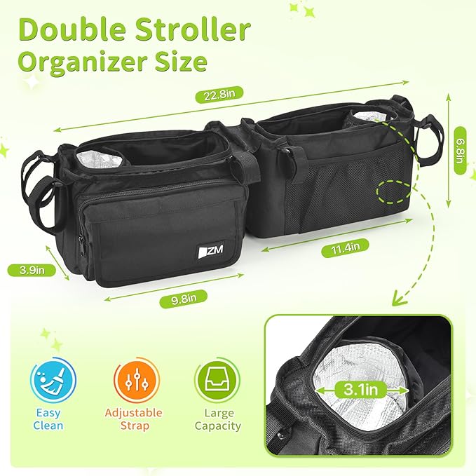 ZZM Double Stroller Organizer with 2 Cooler Pockets,Compatible for Bob Duallie, Jeep and Baby Jogger City Mini GT2, Double Baby Stroller Accessories, Parent Console Double Jogging Stroller Organizer