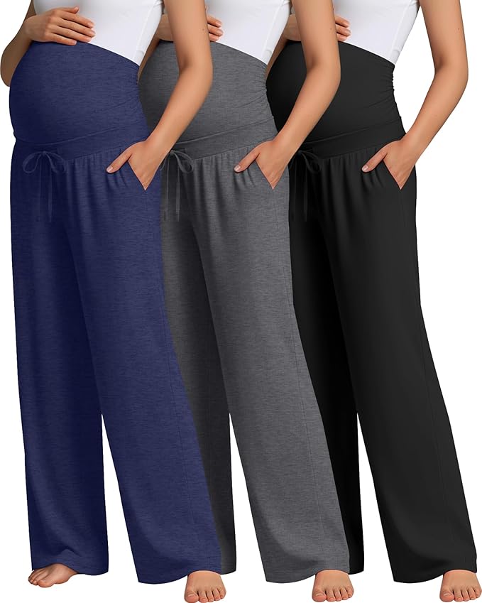 3 Pcs Maternity Sweatpants Over The Belly Pregnancy Straight Wide Leg Elastic Drawstring Pants Joggers with Pockets