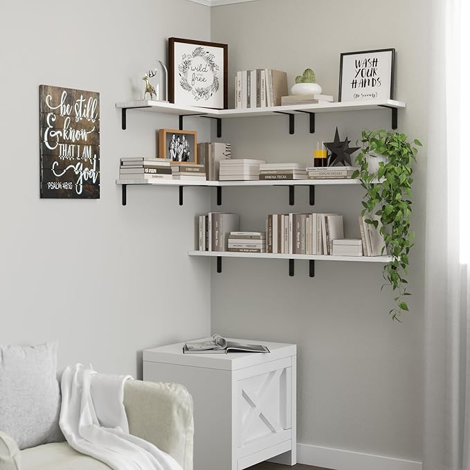 Floating Shelves, 8 Sets Wall Shelves, Wooden Floating Shelves for Bedroom Wall Décor, Wall Mounted Floating Bathroom Shelf for Storage, Floating Book Shelf Living Room – White, HM02