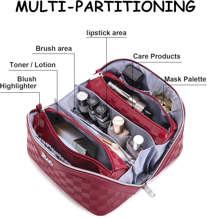BOYATU Travel Makeup Bag Organizer Cosmetic Bag: 3 Pcs Set Make up Bags for Women with Handle - Waterproof Vegan Leather Toiletry Bags Travel Essentials Pouch with Compartments (03-A-Red)