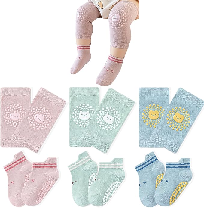 TFTSR Baby Knee Pads for Crawling (3 Pairs) and Baby Socks for Walking (3 Pairs), Walking Protector for Toddler Kid Girls Boy