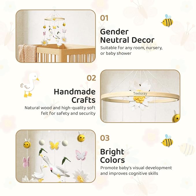 Baby Mobile for Crib Goose Nursery Decor Handmade Felt Crib Mobile for Bassinet One Silly Goose Birthday Decorations Flowers Butterflies Bees Room Hanging Decor Baby Shower Newborn Gifts