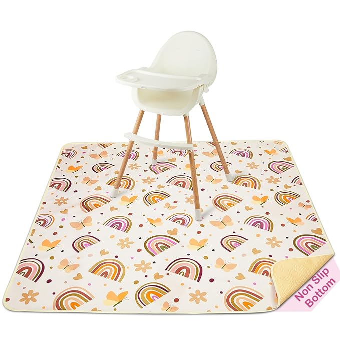 Basumee Splat Mat High Chair Food Catcher - Waterproof, Non Slip, Brown Rainbow, 51x51 Inches