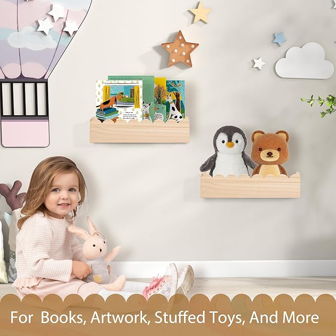 Wood Floating Shelves for Wall,Nursery Bookshelf,Kids Book Shelf,Baby Toys Storage Decor Organizer Wall Mounted for Living Room Bedroom,Wavy Edge,Preassembled,2 Pack,Scalloped Pine(Natural Wood)