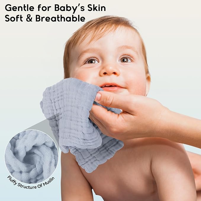 Unnivoll Muslin Burp Cloths Baby 12''X12'', Baby Washcloths 6 Pack, 100% Cotton Baby Wash Cloths Absorbent and Soft for Newborn Infants Kids Boys Girls - Gradient Blue