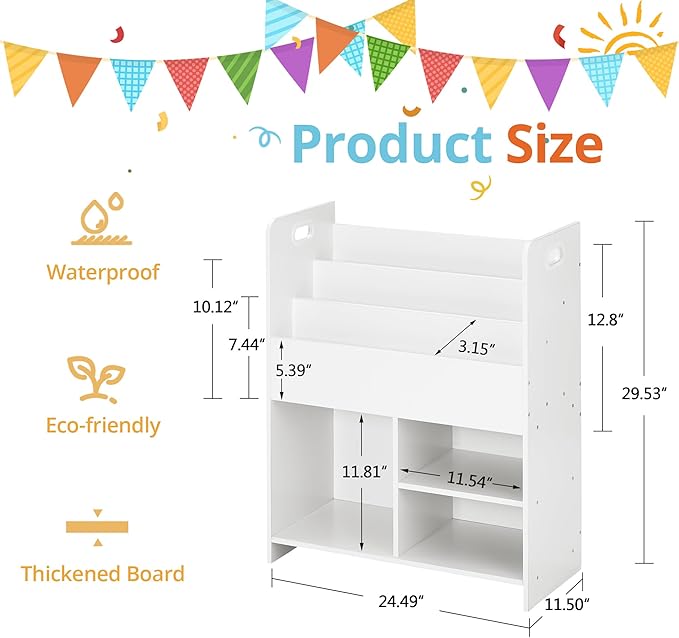 VECELO Kids Bookshelf with Toy Storage - Wooden Nursery Organizer for Books & Toys, Easy Assembly Playroom Shelf (White)