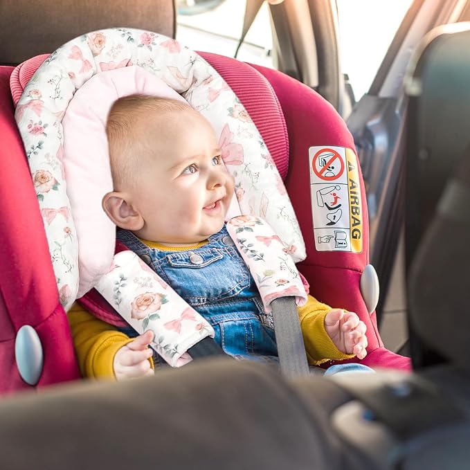 GFU Baby Car Seat Head Support for Newborn, 2 in 1 Infant Car Seat Head Body Support with Strap Pads, Soft Stroller Cushion Pillow Insert for Girls, Fits for Stroller, Swing, Pink Floral