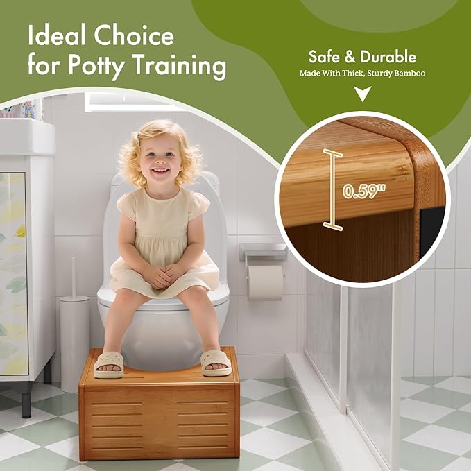 AmazerBath Toddler Toilet Step Stool, 3-in-1 Bamboo Toilet Squat Stool for Adults, 0.59" Thickness One Step Non-Slip Baby & Kids Potty Poop Stool for Bathroom Sink, Counter, Bedroom, Closet, 9"