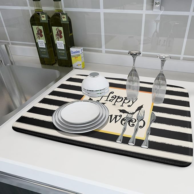 Happy Halloween Bats Dish Drying Mat for Kitchen Counter,Black and White Stripe Drying Mat 18 x 24 Inch with High Absorbent Microfiber Dish Drying Pad Dish Rack Pad Drainer Mat for Coffee Bar