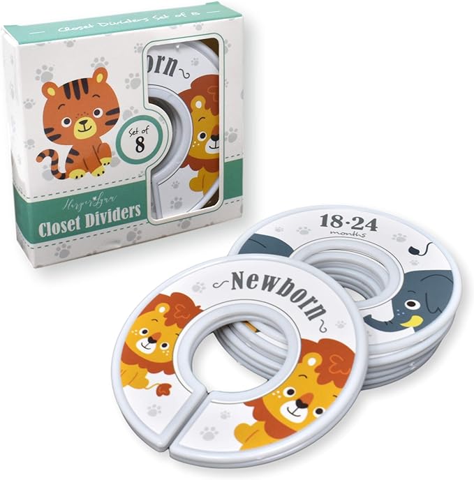 HarperLynn Baby Closet Dividers - Set of 8 Jungle Safari Nursery Clothes Organizers - Size Newborn Infant to Toddler - Elephant Lion Giraffe Zebra Designs