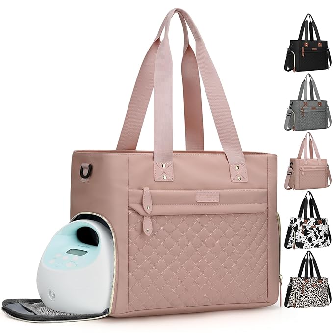 Pritent Diaper Bag Tote for Working Mom, Large Travel Diaper Tote for Mom and Dad with 14 Inch Laptop Sleeve, Mommy Maternity Travel Baby Bag for Boys and Girls, Pink