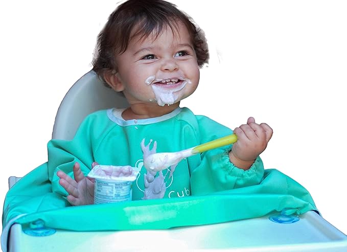 Clean Cub Baby Led Weaning BLW Long Sleeve Apron Bib with Suction Cups for Infant and Toddlers (Green, 6-12)