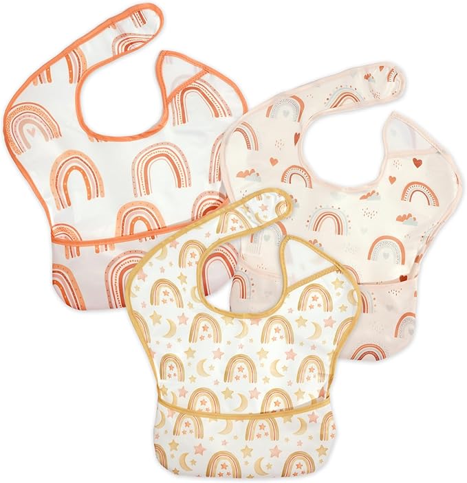 CoolaPeach 3-Pack Waterproof Baby Bibs for Eating - Lightweight Feeding Bibs, Mess Proof, Baby Essential Must Have for Eating